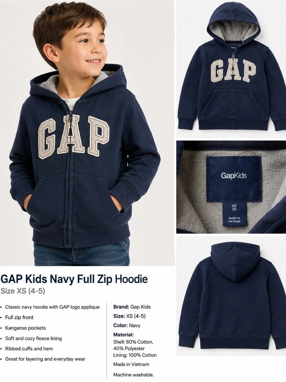 Gap Kids Boys Navy Blue Logo Full Zip Hoodie Fleece Lined XS 4-5